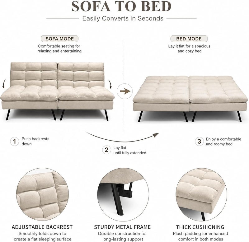 Modern Convertible Sofa Bed - 2-in-1 Sleeper Sofa with Adjustable Backrest, Tufted Fabric, Metal Legs - Compact Loveseat for Small Spaces, Living Room, Guest Room (Beige) - Image 5