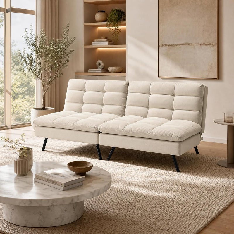 Modern Convertible Sofa Bed - 2-in-1 Sleeper Sofa with Adjustable Backrest, Tufted Fabric, Metal Legs - Compact Loveseat for Small Spaces, Living Room, Guest Room (Beige) - Image 1