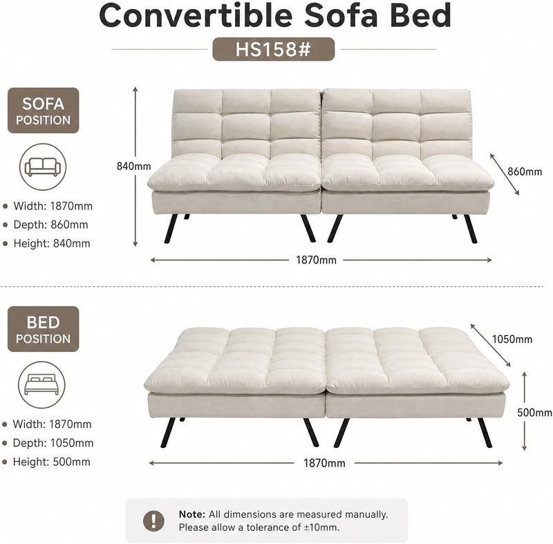 Modern Convertible Sofa Bed - 2-in-1 Sleeper Sofa with Adjustable Backrest, Tufted Fabric, Metal Legs - Compact Loveseat for Small Spaces, Living Room, Guest Room (Beige) - Image 2