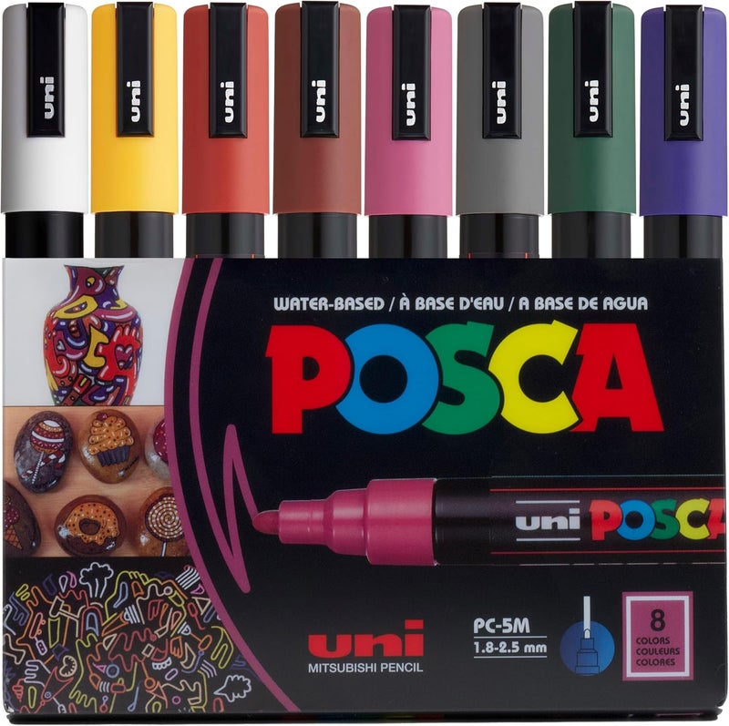 POSCA أقلام طلاء دائمة قائمة على الماء PC-5M، مجموعة من 8 (ألوان داكنة) - Image 1