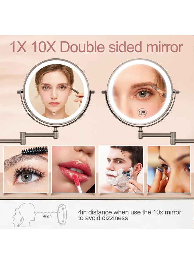 FASCINATE مرآة تجميل مضاءة قابلة للشحن مثبتة على الحائط 8 بوصة 1X/10X مكبرة مع 3 ألوان من الأضواء، مزدوجة الجوانب قابلة للتعتيم، شاشة تعمل باللمس بزاوية 360 درجة، مرآة حلاقة للحمام (أسود مسدس)  - Image 5
