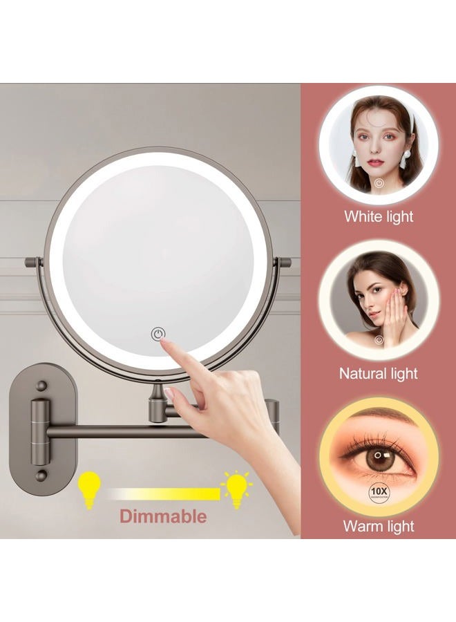 FASCINATE مرآة تجميل مضاءة قابلة للشحن مثبتة على الحائط 8 بوصة 1X/10X مكبرة مع 3 ألوان من الأضواء، مزدوجة الجوانب قابلة للتعتيم، شاشة تعمل باللمس بزاوية 360 درجة، مرآة حلاقة للحمام (أسود مسدس)  - Image 3