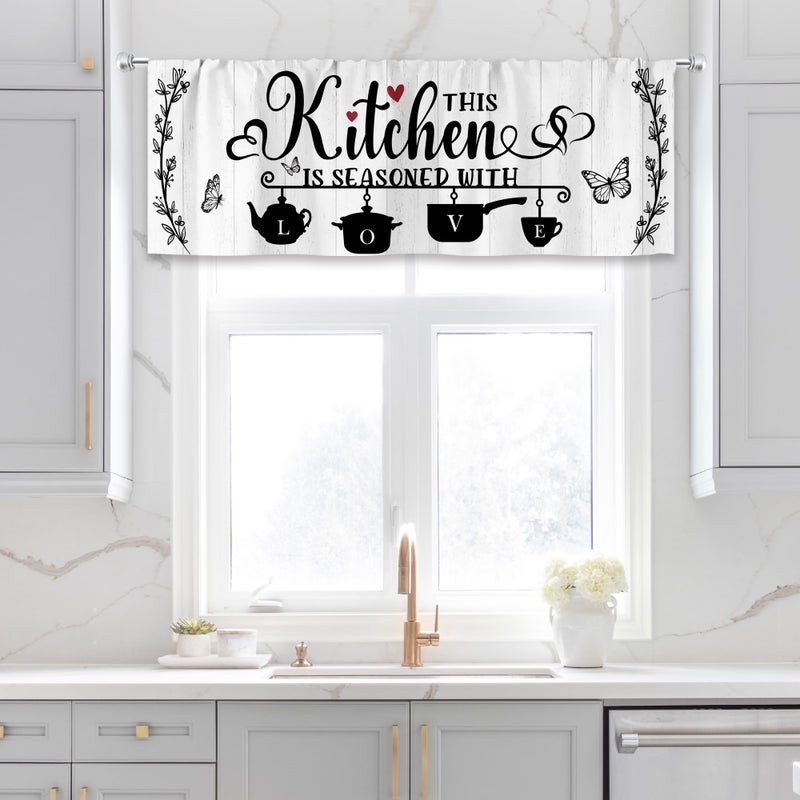 MESHELLY Black and White Kitchen Curtains 52Wx18H Inch Rod Pocket Rustic Valance for Window Farmhouse Wooden Plank Country Drapes Vintage Quotes Printed Living Room Window Treatment Fabric 1 Panel - Image 3