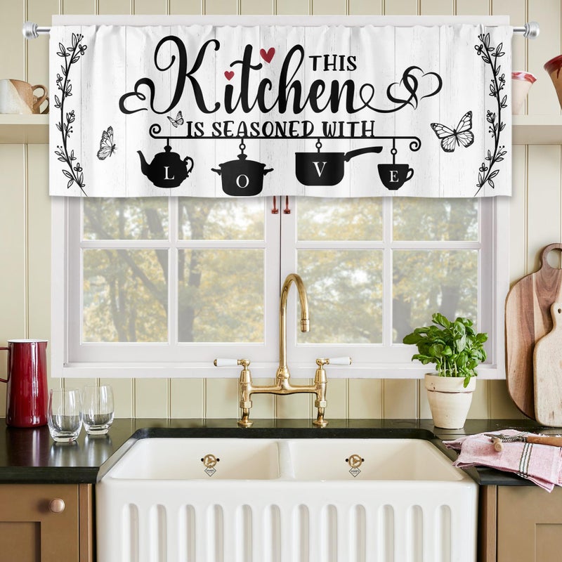 MESHELLY Black and White Kitchen Curtains 52Wx18H Inch Rod Pocket Rustic Valance for Window Farmhouse Wooden Plank Country Drapes Vintage Quotes Printed Living Room Window Treatment Fabric 1 Panel - Image 2