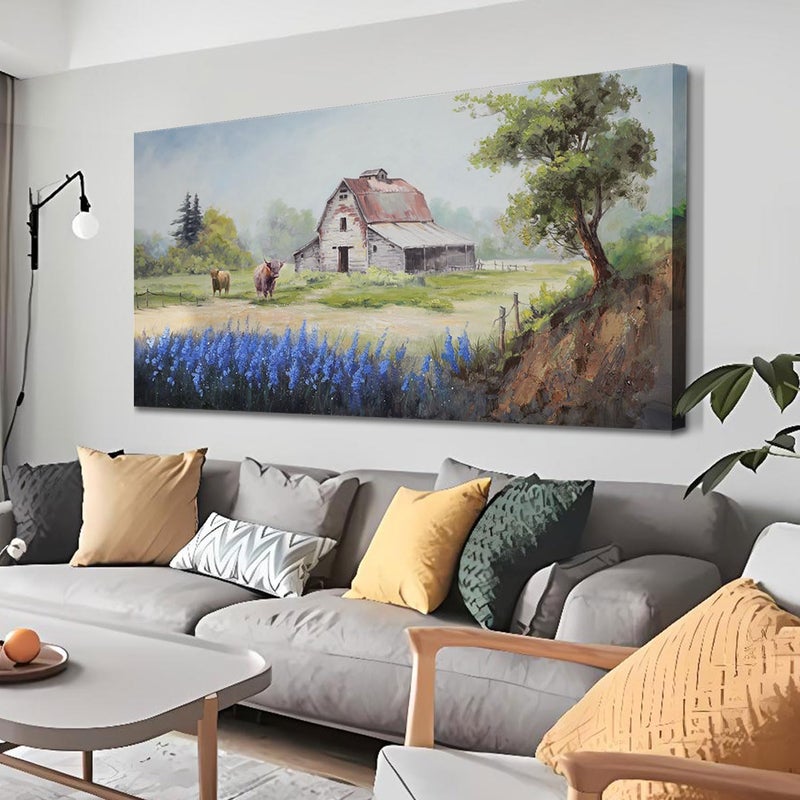 Arjun Farmhouse Canvas Wall Art Farm Highland Cow Landscape Picture Rustic Countryside Barn Painting Village Nature Artwork Large 40"x20" Framed for Living Room Bedroom Bathroom Home Office Wall Decor - Image 1