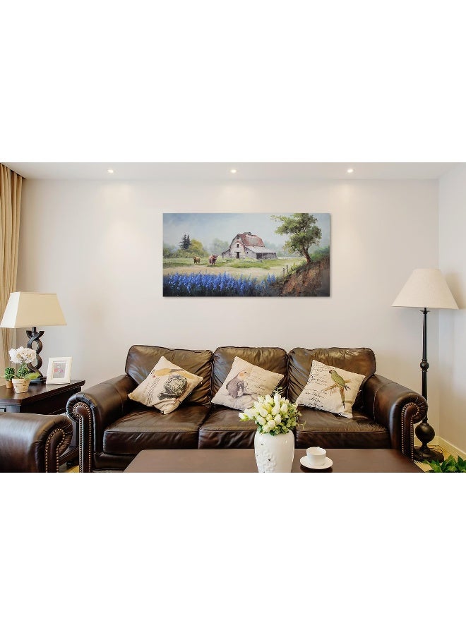 Arjun Farmhouse Canvas Wall Art Farm Highland Cow Landscape Picture Rustic Countryside Barn Painting Village Nature Artwork Large 40"x20" Framed for Living Room Bedroom Bathroom Home Office Wall Decor - Image 5