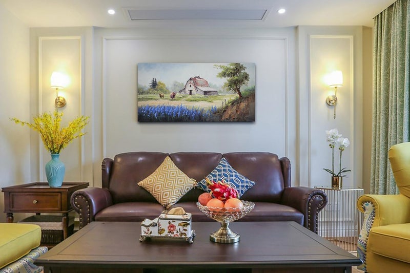 Arjun Farmhouse Canvas Wall Art Farm Highland Cow Landscape Picture Rustic Countryside Barn Painting Village Nature Artwork Large 40"x20" Framed for Living Room Bedroom Bathroom Home Office Wall Decor - Image 3