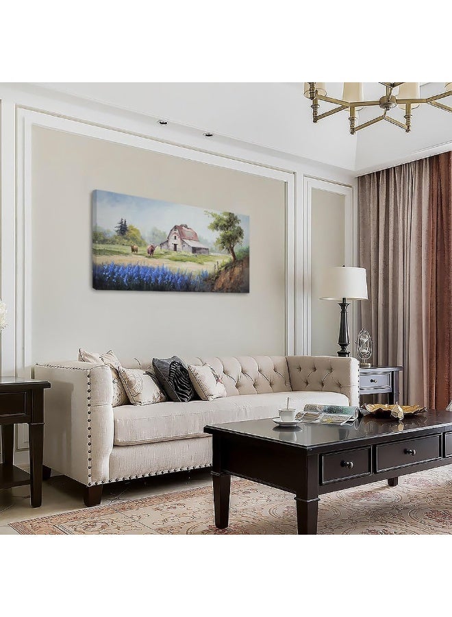 Arjun Farmhouse Canvas Wall Art Farm Highland Cow Landscape Picture Rustic Countryside Barn Painting Village Nature Artwork Large 40"x20" Framed for Living Room Bedroom Bathroom Home Office Wall Decor - Image 4