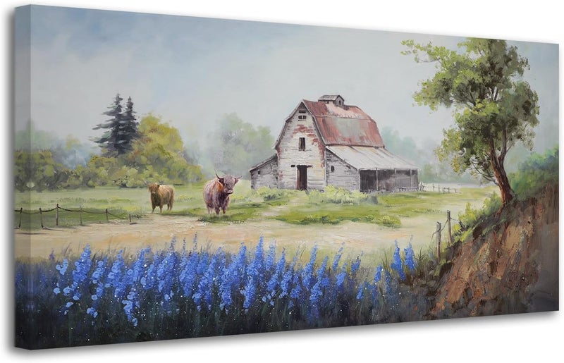Arjun Farmhouse Canvas Wall Art Farm Highland Cow Landscape Picture Rustic Countryside Barn Painting Village Nature Artwork Large 40"x20" Framed for Living Room Bedroom Bathroom Home Office Wall Decor - Image 2