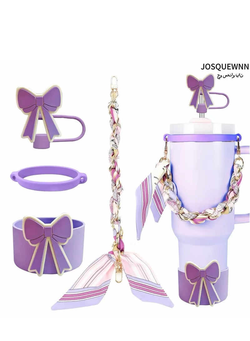 Stanley Cup Accessories Set, Bow Straw Toppers,Silk Scarf Water Cup Hand Strap With Large Bow Straw Cap, Straw Cover Boots For Stanley, Silicone Straw Toppers For Tumblers, Bow Cup Accessories For 2  - Image 1