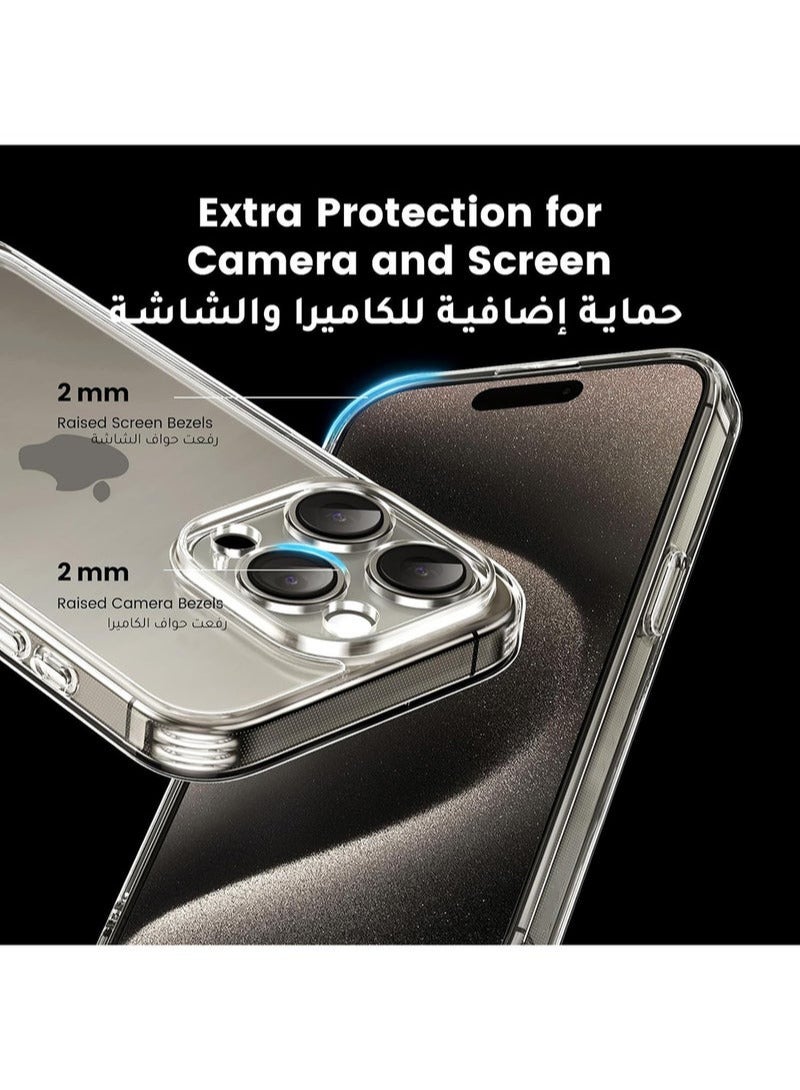 لجهاز iPhone 15 Pro Max غطاء حماية 6.7 بوصة ضد الأصفر ومكافحة السقوط الخلفية غطاء شفاف فائقة رقيقة الكريستال مغطى بالكامل العدسات حماية ضد الخدوش واضحة