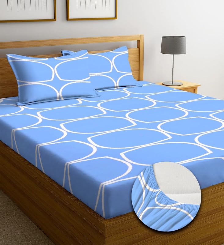 NEW LEAF Cotton Elastic Fitted Bedsheets with 2 King Size Pillow Covers | Double Bed with All Around Elastic 220 TC Supersoft |Size-72 King Sizex78+10 inches |Oval Print Aqua & White - Image 1