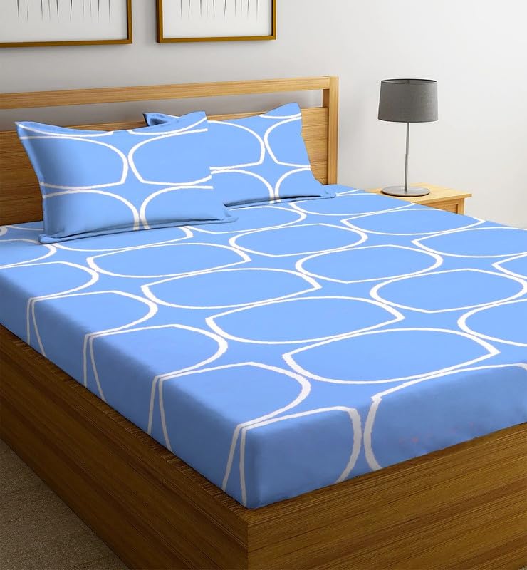 NEW LEAF Cotton Elastic Fitted Bedsheets with 2 King Size Pillow Covers | Double Bed with All Around Elastic 220 TC Supersoft |Size-72 King Sizex78+10 inches |Oval Print Aqua & White - Image 5