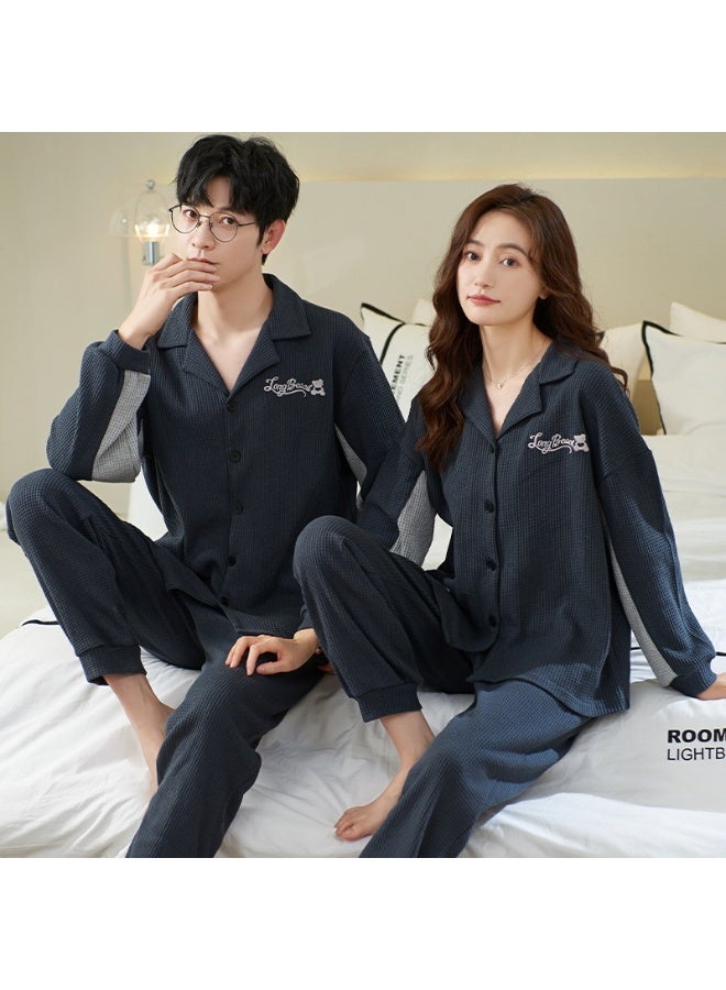 Bear Autumn Winter Couple Men and Women Cotton Sleepwear Turn-down Collars Long Sleeve Pants Solid Nightwear Suit - Image 1