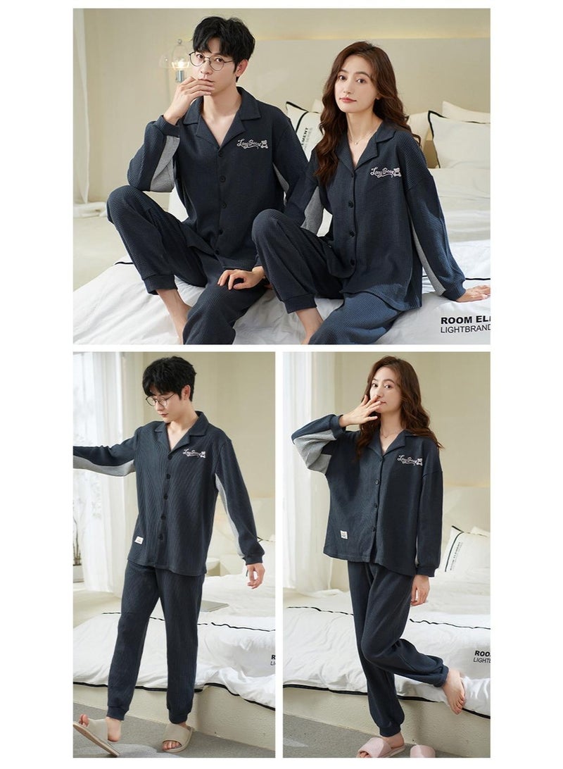 Bear Autumn Winter Couple Men and Women Cotton Sleepwear Turn-down Collars Long Sleeve Pants Solid Nightwear Suit - Image 2