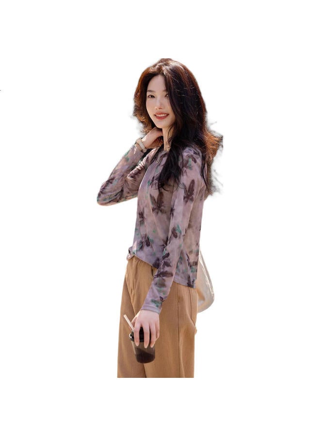 dme Cute Sweet Lady Style Round Neck High Definition Delicate Mesh Printed Floral Elegant Women'S T-Shirt Mocha Color Xl - Image 3