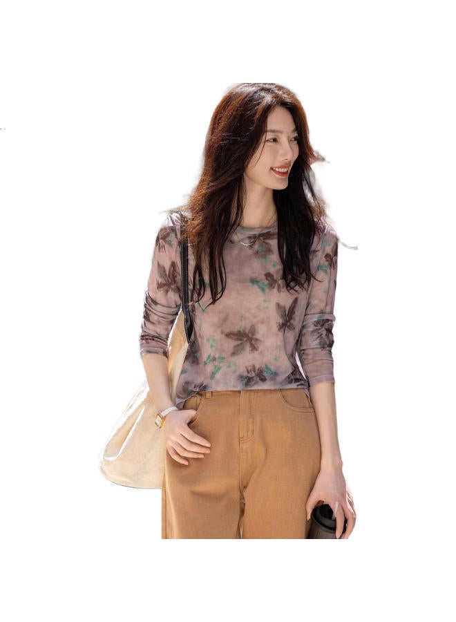 dme Cute Sweet Lady Style Round Neck High Definition Delicate Mesh Printed Floral Elegant Women'S T-Shirt Mocha Color Xl - Image 1