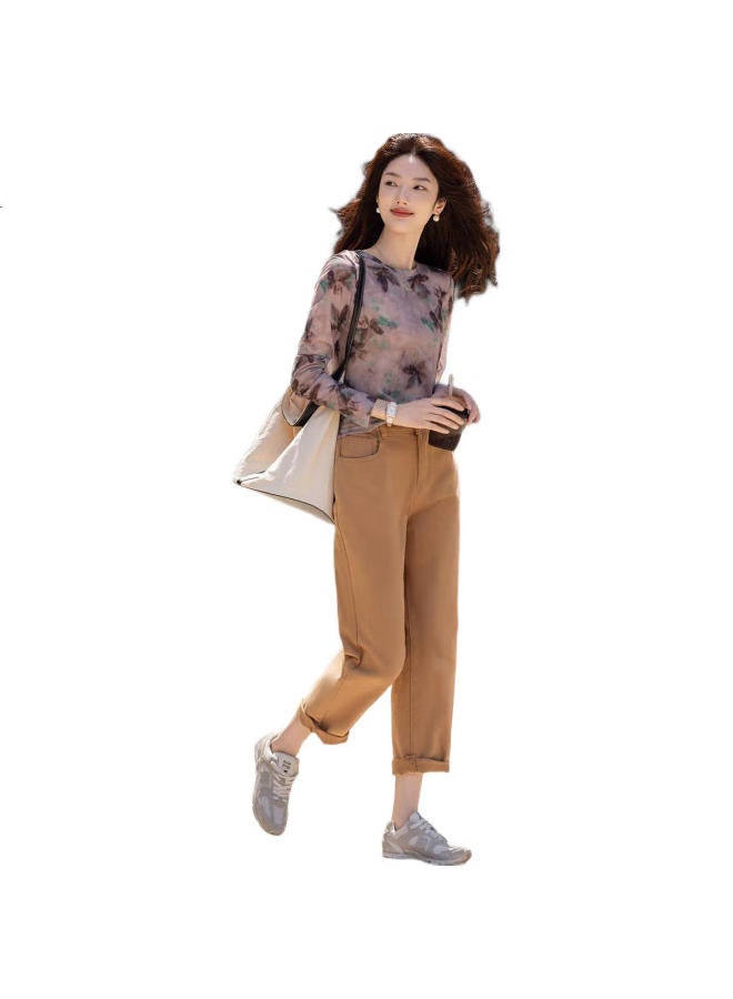 dme Cute Sweet Lady Style Round Neck High Definition Delicate Mesh Printed Floral Elegant Women'S T-Shirt Mocha Color Xl - Image 2
