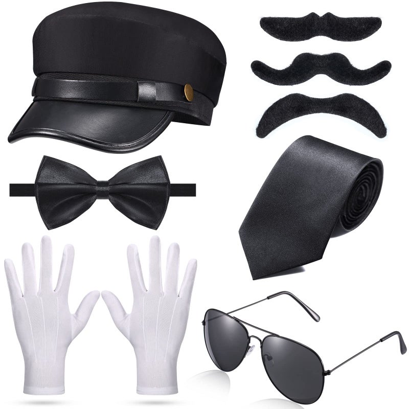 Geyoga 8 Pieces Chauffeur Costume Novelty Limo Driver Costume Black Chauffeur Hat Taxi Driver Hat Gloves Bow Tie Self Adhesive Fake Mustaches Beard Glasses - Image 1