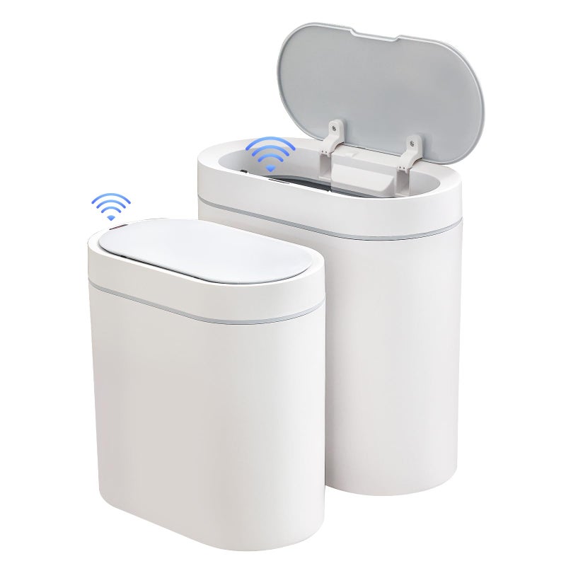 ELPHECO 2 Pack Bathroom Motion Sensor Trash can 25 Gallon 2 Gallon Automatic Garbage Can Bathroom Decor Slim Plastic Smart Trash Bin with Lid Garbage can for Kitchen Office White 2 Pack