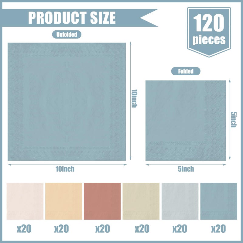 Whaline 120 Sheet Neutral Color Cocktail Napkin 2 Ply Boho Dusty Blue Peach Cream Color Paper Napkins 6 Colors Disposable Dinner Napkins For Wedding Birthday Supplies - Image 2
