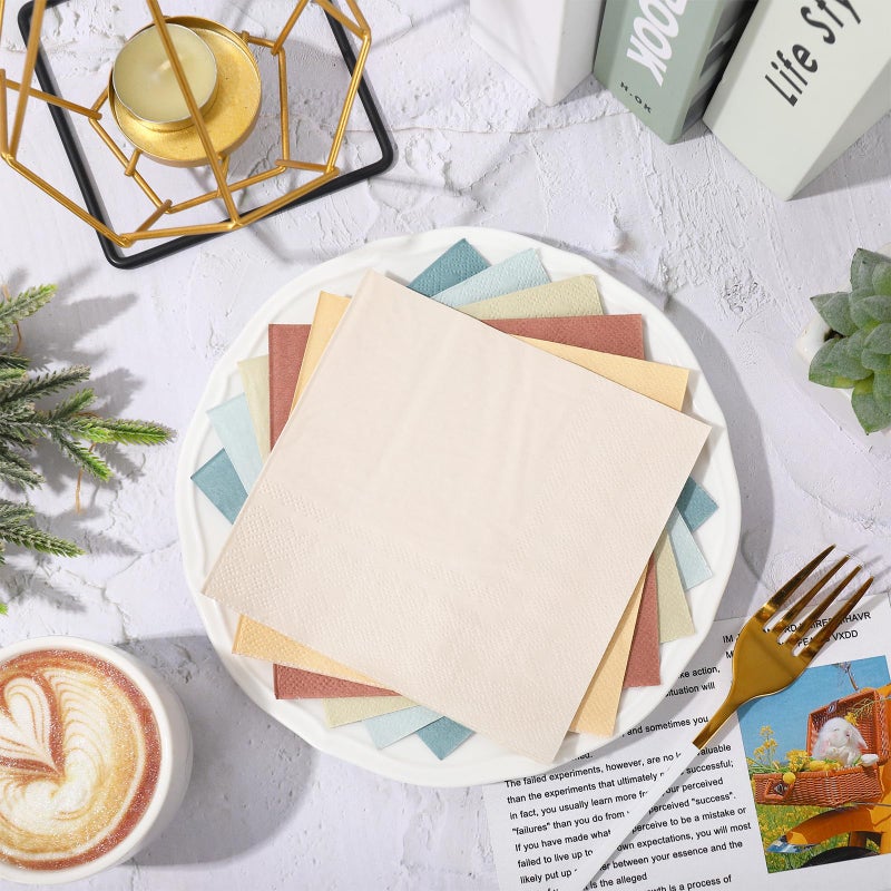 Whaline 120 Sheet Neutral Color Cocktail Napkin 2 Ply Boho Dusty Blue Peach Cream Color Paper Napkins 6 Colors Disposable Dinner Napkins For Wedding Birthday Supplies - Image 3