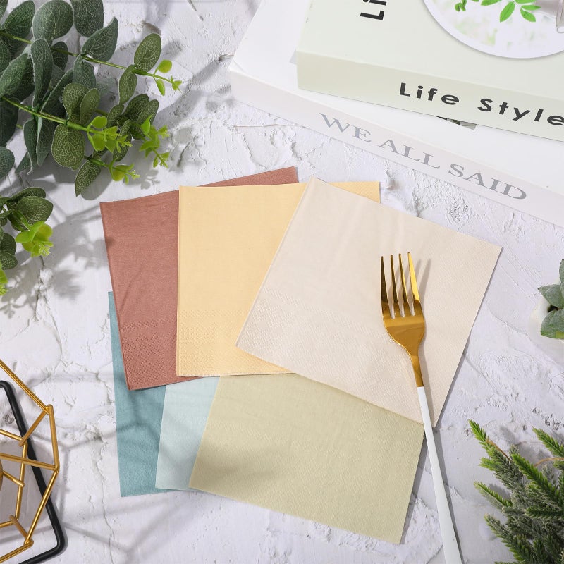 Whaline 120 Sheet Neutral Color Cocktail Napkin 2 Ply Boho Dusty Blue Peach Cream Color Paper Napkins 6 Colors Disposable Dinner Napkins For Wedding Birthday Supplies - Image 4