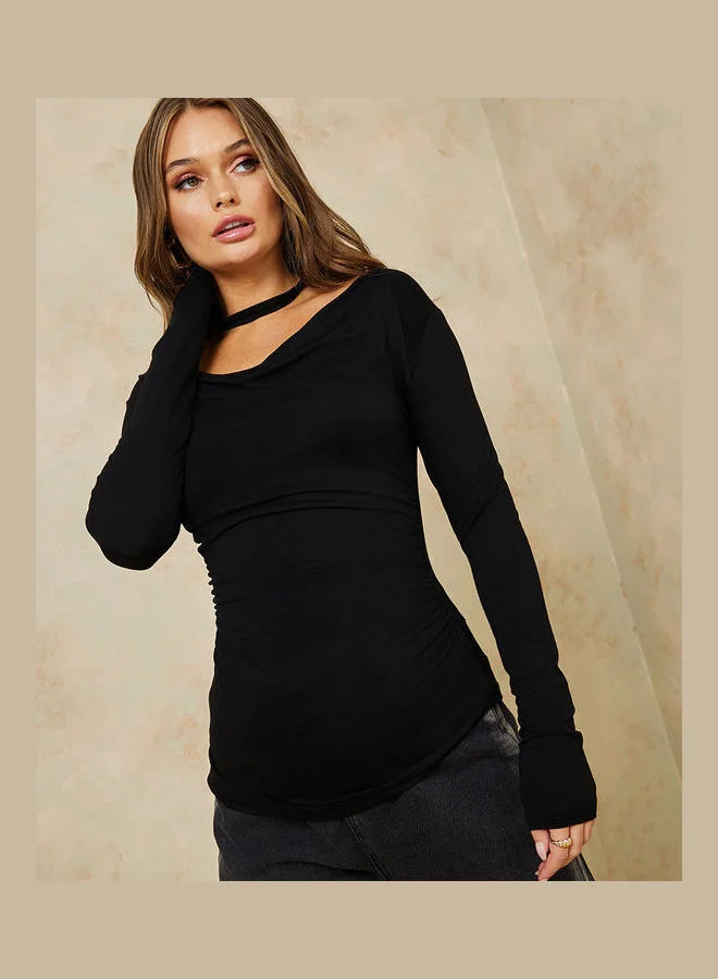 Styli Cowl Neck Fitted Knit Top with Choker Detail