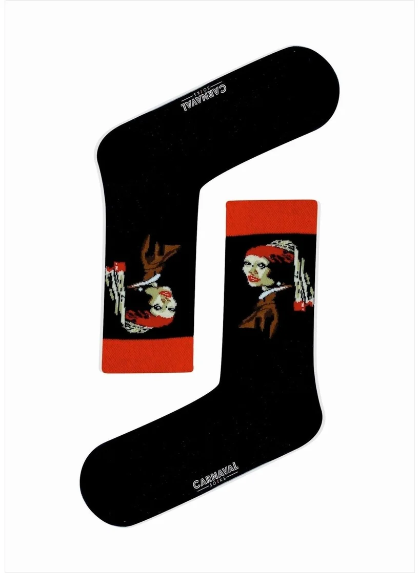 Carnaval Socks Women's Patterned Black Socks with Pearl Earring