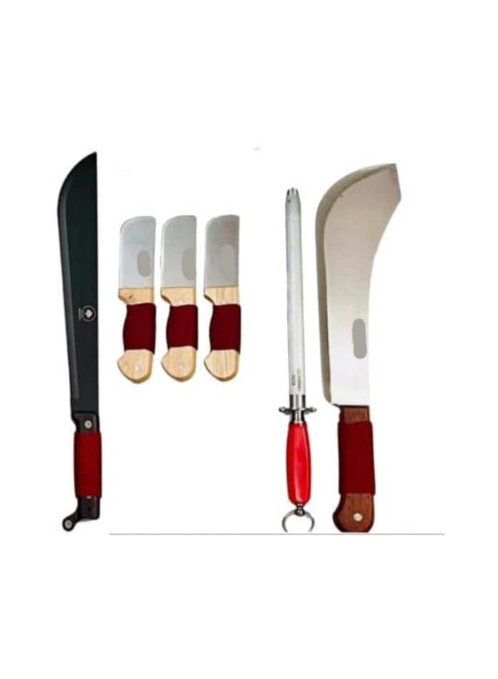 طقم سكاكين احترافي لتقطيع اللحوم وتكسير العظام – ساطور + سكين برازيلي + مسن – مقبض ملفوف – متعدد الاستخدام