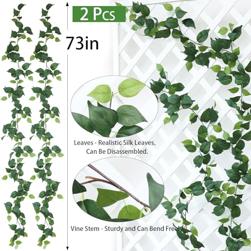 mizii 2 Strands Artificial Scindaps Vines Garland 73" Fake Vine with Silk Green Leaves Faux Evergreen Hanging Plants Greenery Decoration for Party Wedding Bedroom Home Wall Room Decor (Scindapsus) - Image 2