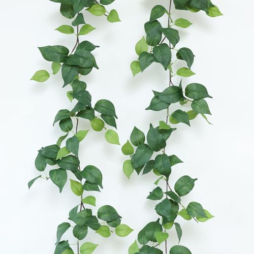 mizii 2 Strands Artificial Scindaps Vines Garland 73" Fake Vine with Silk Green Leaves Faux Evergreen Hanging Plants Greenery Decoration for Party Wedding Bedroom Home Wall Room Decor (Scindapsus) - Image 1