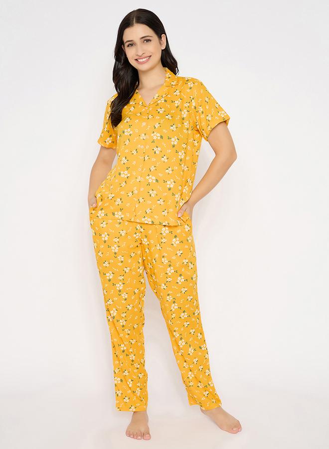 Clovia Floral Print Short Sleeve Shirt and Pyjama Set - Image 2