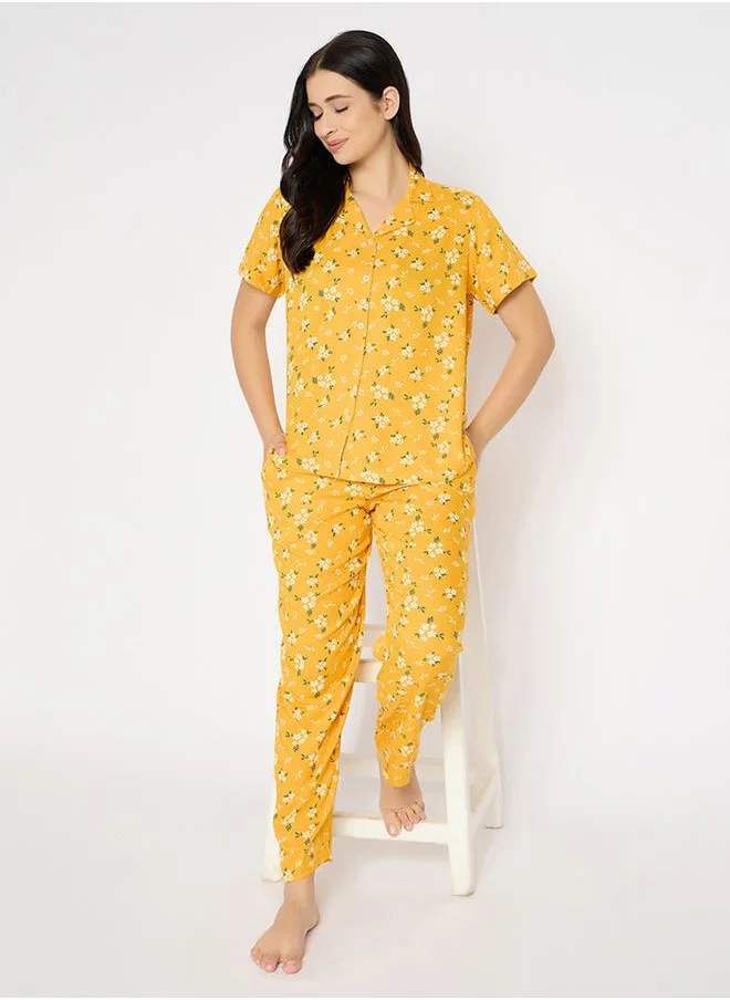 Clovia Clovia Floral Print Short Sleeve Shirt and Pyjama Set