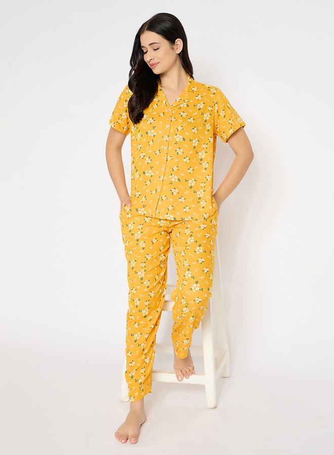 Clovia Floral Print Short Sleeve Shirt and Pyjama Set - Image 1