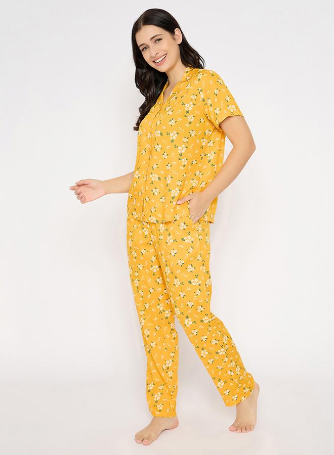 Clovia Floral Print Short Sleeve Shirt and Pyjama Set - Image 3
