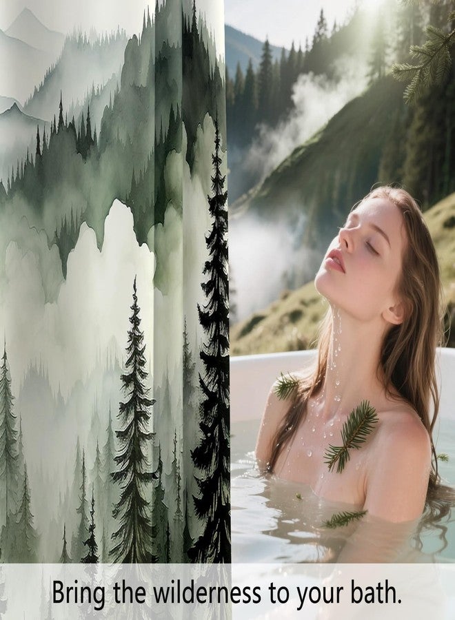 BayNook Dark Green Misty Forest Shower Curtain, Mountain Nature Shower Curtain for Bathroom, Rustic Woodland Pine Tree Landscape Mens Decor Waterproof Fabric Shower Curtain Set with Hooks, 72x72 - Image 4