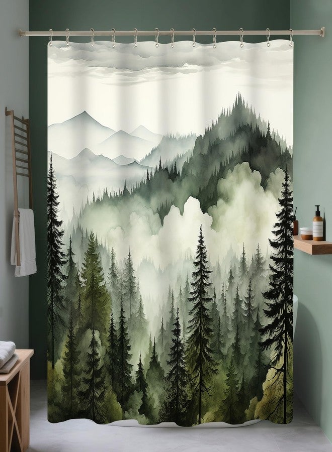 BayNook Dark Green Misty Forest Shower Curtain, Mountain Nature Shower Curtain for Bathroom, Rustic Woodland Pine Tree Landscape Mens Decor Waterproof Fabric Shower Curtain Set with Hooks, 72x72 - Image 1