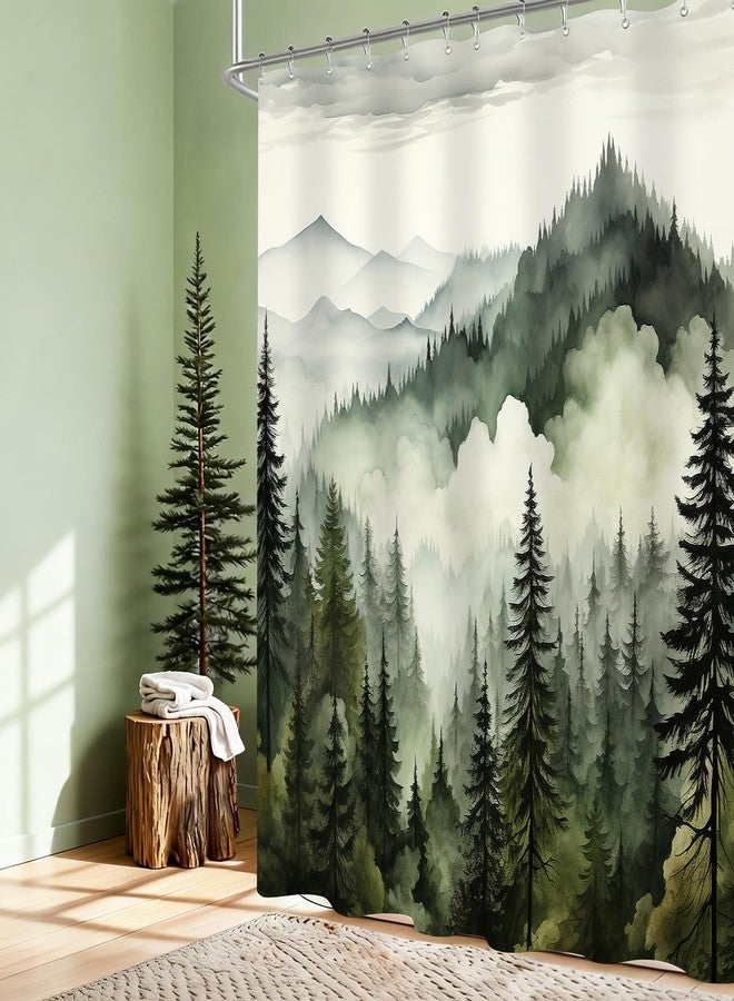 BayNook Dark Green Misty Forest Shower Curtain, Mountain Nature Shower Curtain for Bathroom, Rustic Woodland Pine Tree Landscape Mens Decor Waterproof Fabric Shower Curtain Set with Hooks, 72x72 - Image 2