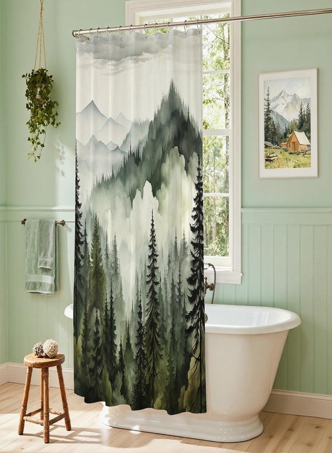 BayNook Dark Green Misty Forest Shower Curtain, Mountain Nature Shower Curtain for Bathroom, Rustic Woodland Pine Tree Landscape Mens Decor Waterproof Fabric Shower Curtain Set with Hooks, 72x72 - Image 3