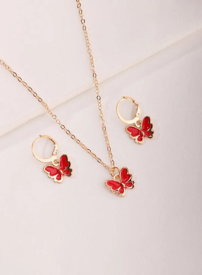 Girls Red Butterfly Pendant Necklace and Earrings Set