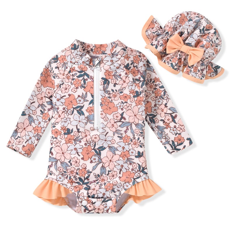 Aalizzwell Infant Baby Girls Long Sleeve One Piece Swimsuit Bathing Suit Zip Up Swimwear Beach Wear 3-6 Months Floral - Image 1