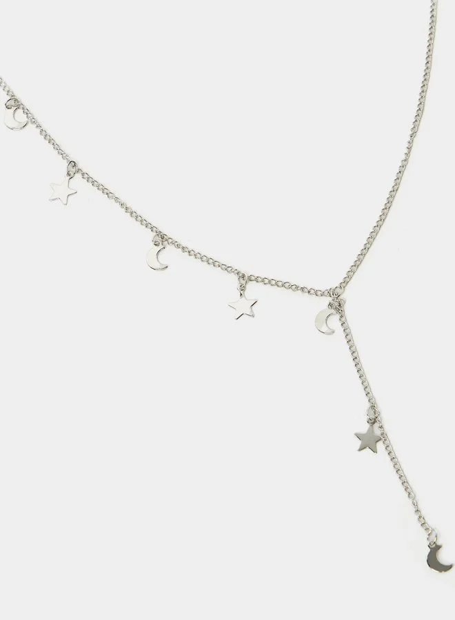 Styli Moon and Star Drop Lariat Necklace