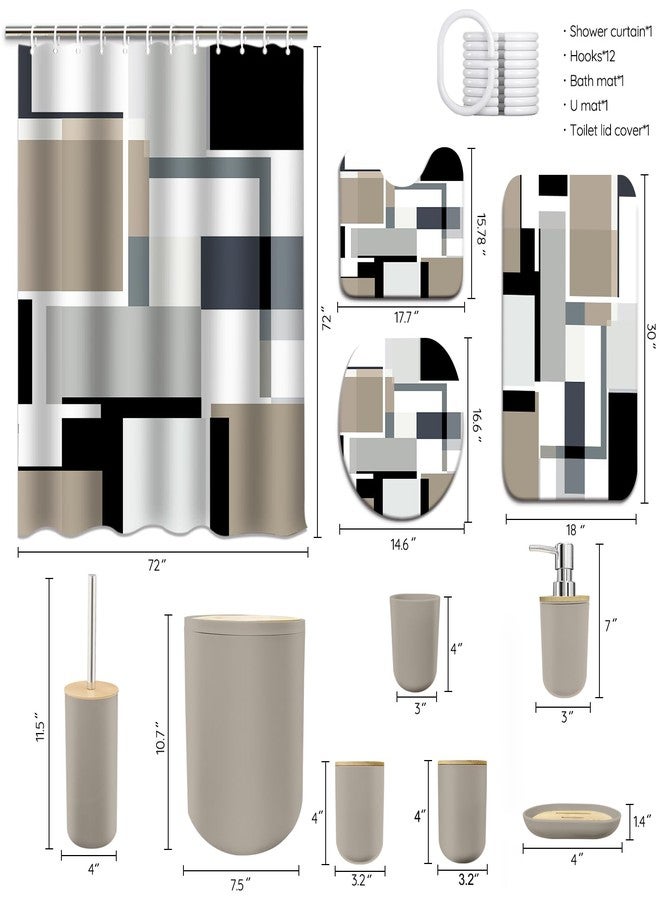 KINUUIS 23-Piece Bathroom Sets, Beige Bathroom Accessories Set with Shower Curtain and Rugs, Beige Black Shower Curtain Set with Bath Rugs, Bathroom Trash Can, Soap Dispenser, Soap Dish for Modern Home Decor - Image 2