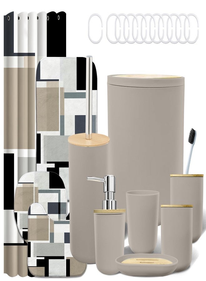 KINUUIS 23-Piece Bathroom Sets, Beige Bathroom Accessories Set with Shower Curtain and Rugs, Beige Black Shower Curtain Set with Bath Rugs, Bathroom Trash Can, Soap Dispenser, Soap Dish for Modern Home Decor - Image 1