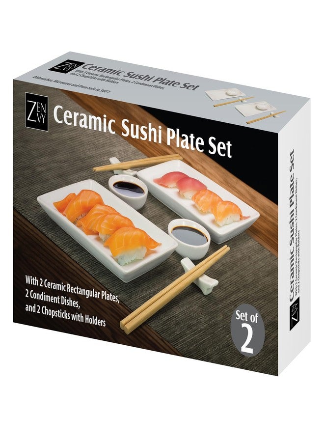 ZENVY Ceramic Sushi Plate Set - 8 Piece Japanese Style Dinnerware Set with 2 Rectangular Plates, 2 Dipping Dishes, 2 Pairs of Chopsticks & Stands - Image 2