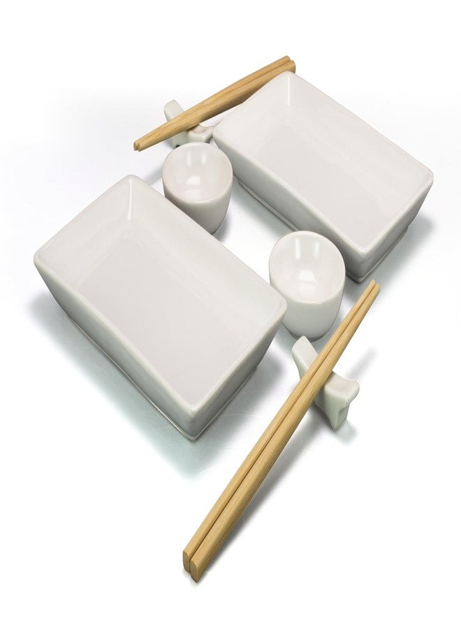 ZENVY Ceramic Sushi Plate Set - 8 Piece Japanese Style Dinnerware Set with 2 Rectangular Plates, 2 Dipping Dishes, 2 Pairs of Chopsticks & Stands - Image 1