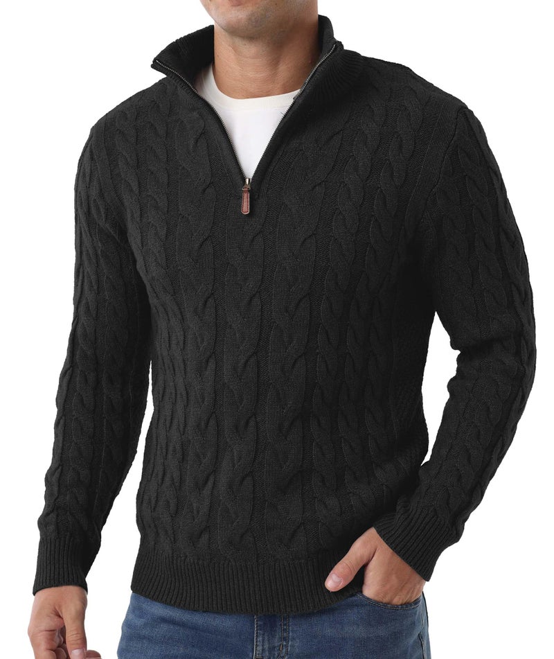 Askdeer Men's Quarter Zip Sweater Cable Knit Mock Neck Pullover Sweaters Classic Casual Polo Sweater Black - Image 1