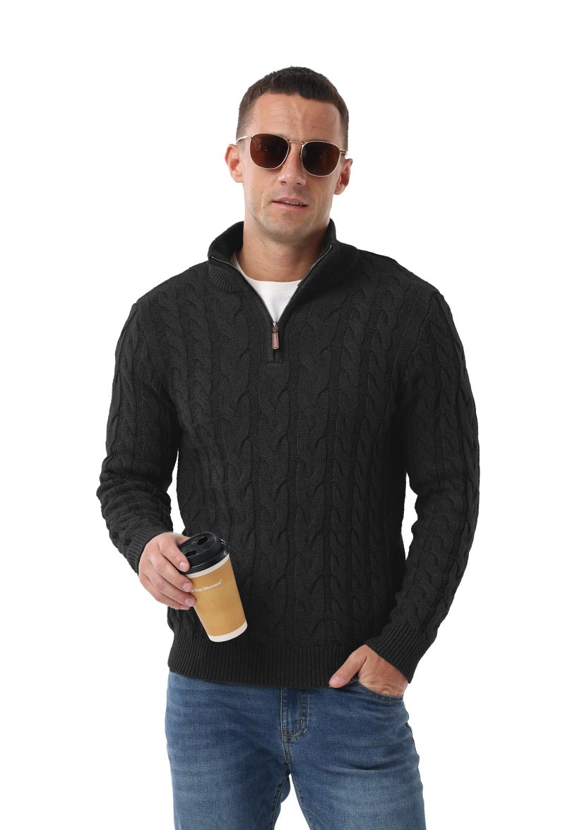 Askdeer Men's Quarter Zip Sweater Cable Knit Mock Neck Pullover Sweaters Classic Casual Polo Sweater Black - Image 5