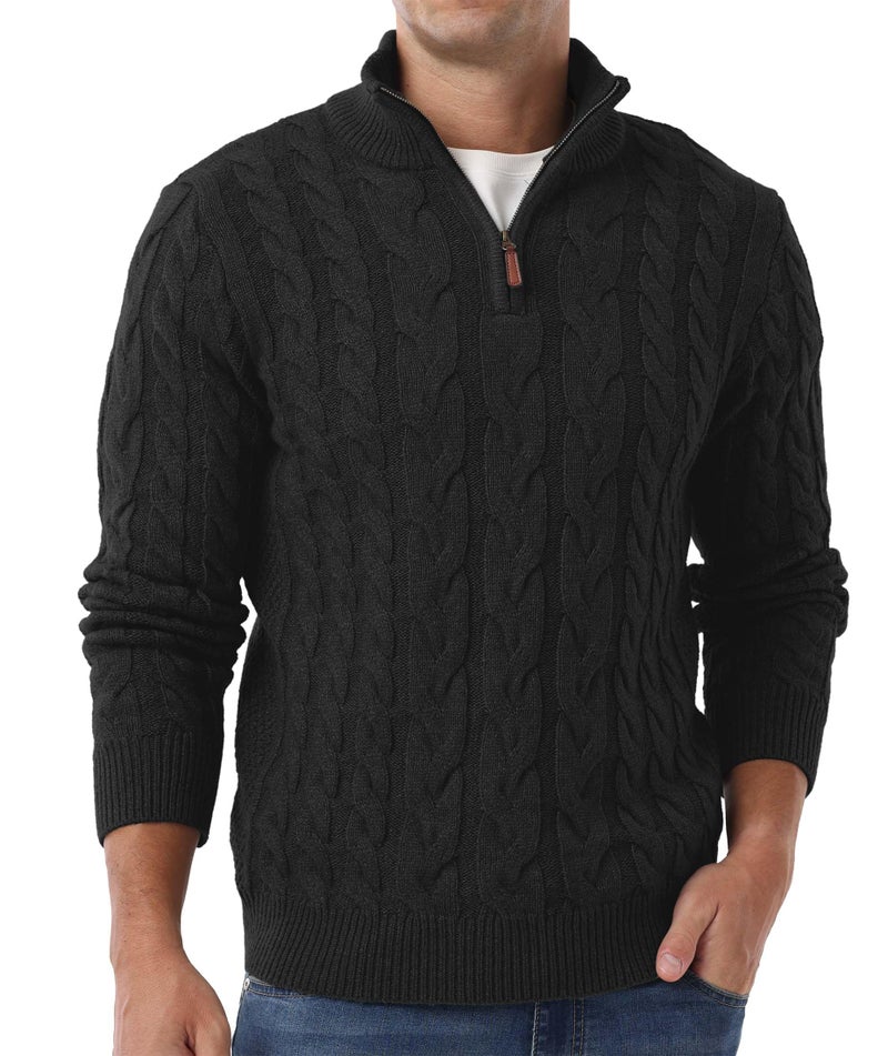 Askdeer Men's Quarter Zip Sweater Cable Knit Mock Neck Pullover Sweaters Classic Casual Polo Sweater Black - Image 4